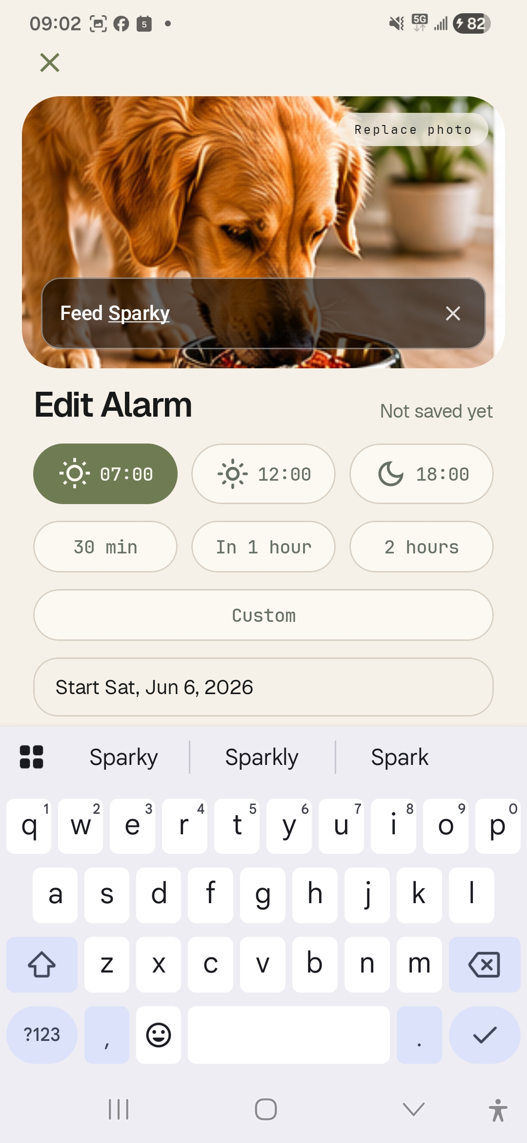 Picolarm edit alarm screen with photo preview, time chips, alarm settings, and save button.