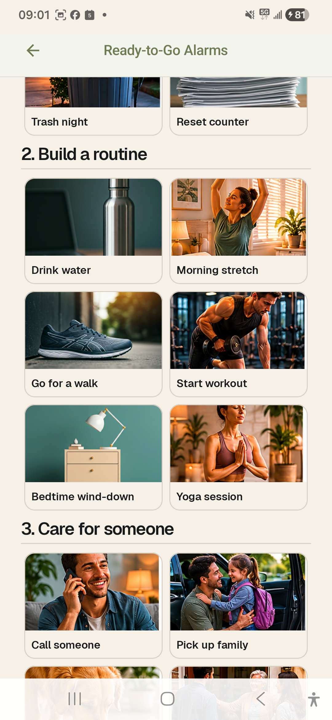 Picolarm ready-to-go alarms screen with image cards for common alarm ideas.